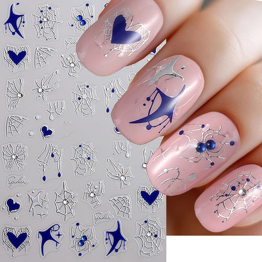 Halloween Spider Web Nail Stickers 3D Self-Adhesive Rhinestone Spider Butterfly Nail Decals Red Blue White Heart Spider Web Pattern Design Nail Sticker for Women Halloween Holiday DIY Manicure