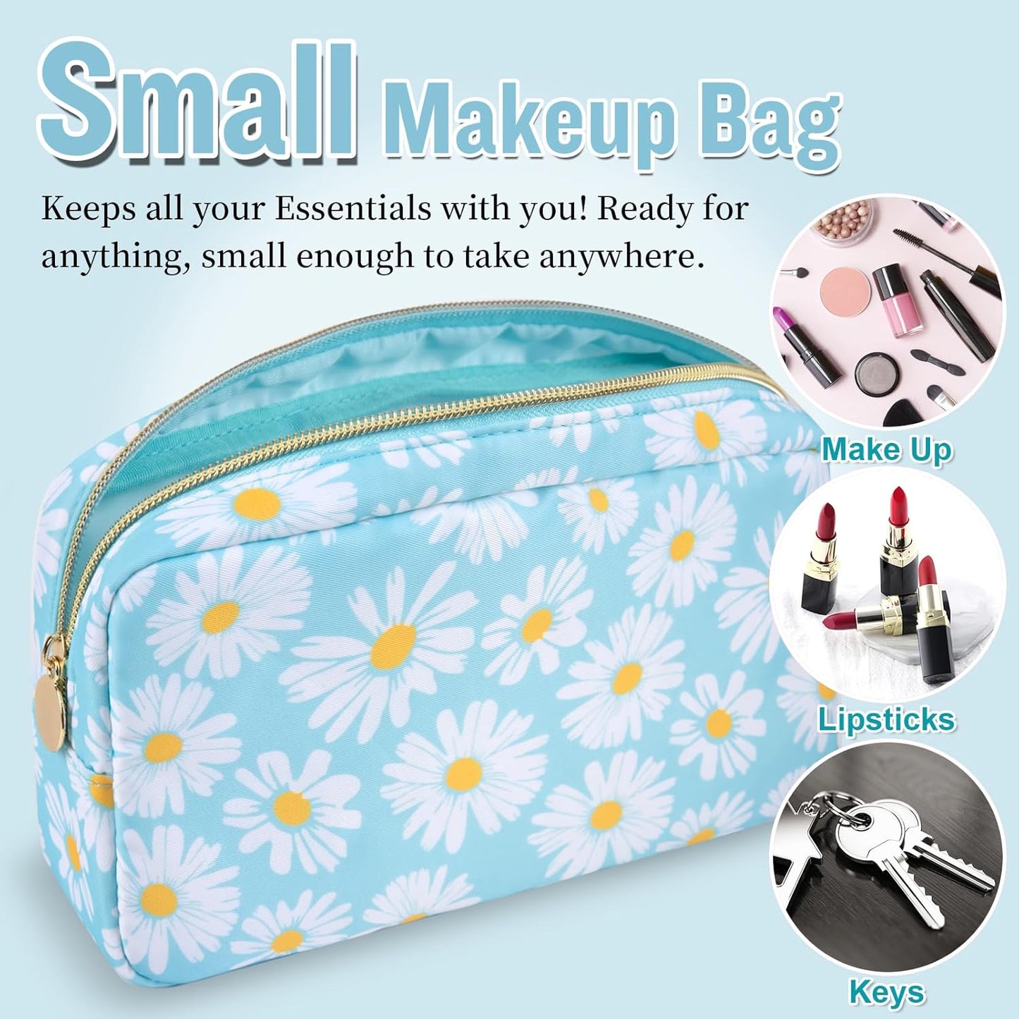 Nylon Small Floral Makeup Bag for Purse, Cute Preppy Travel Makeup Bag Flower Cosmetic Zipper Pouch Purse, Waterproof Portable Toiletry Makeup Brush Bag Clutch Organizer Storage for Women(Blue-Daisy)