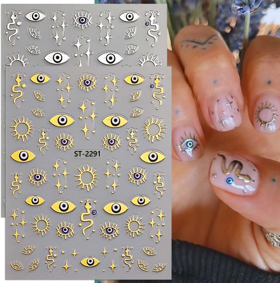 12 Sheets Gold Eye Nails Stickers Decals Star Sun Design Nails Art Stickers 3D Self-Adhesive Snake Moon Nail Art Decals for Women DIY Nail Decorations