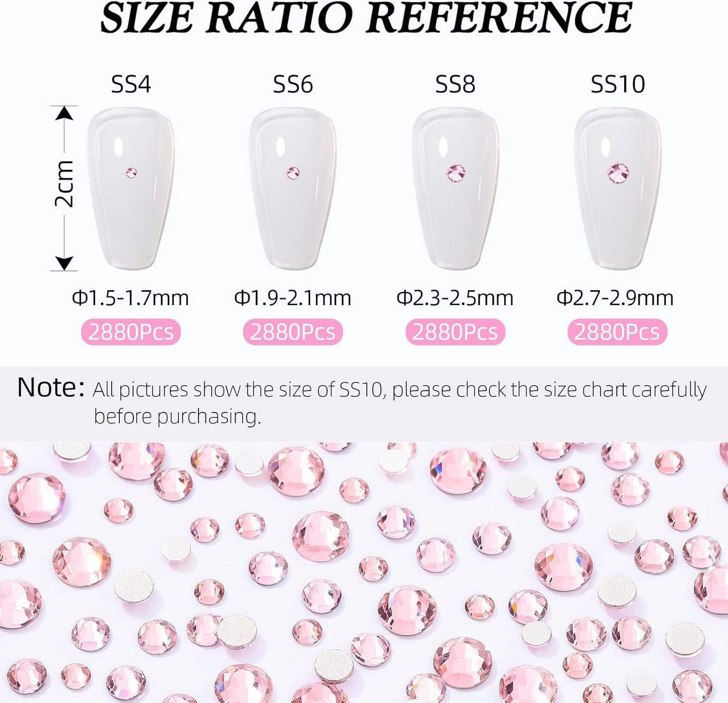 Pink Flatback Rhinestones, Glass Rhinestones for Nail Art and Craft, Glue Fix, Loose Crystal Gemstones(Pink, SS8, 2880pcs, 2.3-2.5mm)