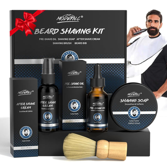 5Pcs Shaving Kit for Men Gift Set Includes Shaving Soap Butter Beard Bib Apron Pre Shave Oil After Shave Lotion Cream Shaving Brushes Mens Shave Christmas Birthday Day Fathers Day Stocking Stuffers