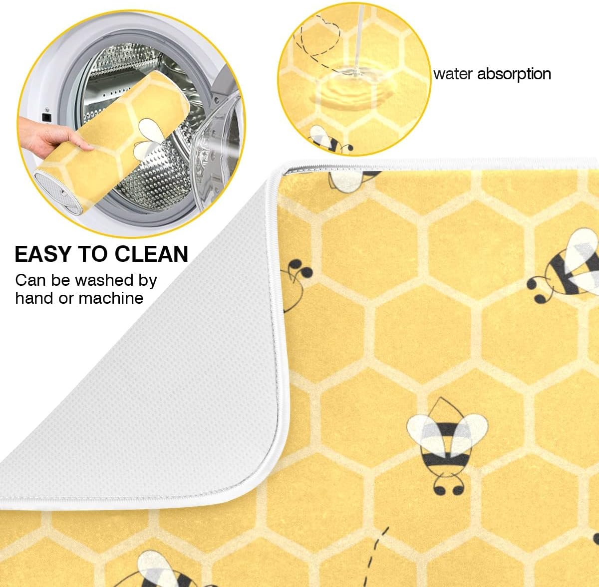 Funny Bees Honey Dish Drying Mat 16x18 for Kitchen Counter Yellow Bumblebee Beehive Dishes Pad Absorbent Fast Dry Dish Draining Mats Medium Kitchen Accessories
