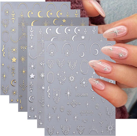 12 Sheets Metallic Moon Star Nail Art Stickers Decals Luxury Golden Silver Nail Stickers Sun Stars Moon Nail Art Design with Starlight Moon Charm Nail Adhesive Sliders for Women Manicure Decoration
