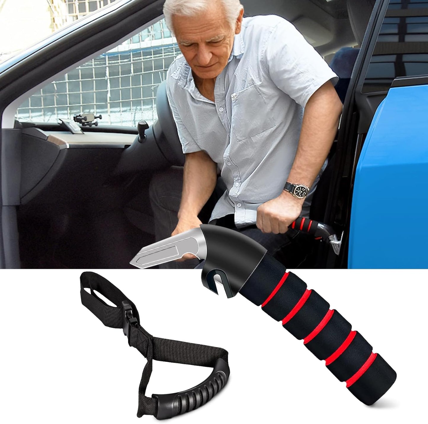 Car Door Handle for Elderly, Mobility Car Assist Transfer Support Handle and Adjustable Straps, Multifunction Automotive Grab Handles, Aids for Disabled and Elderly（Red）