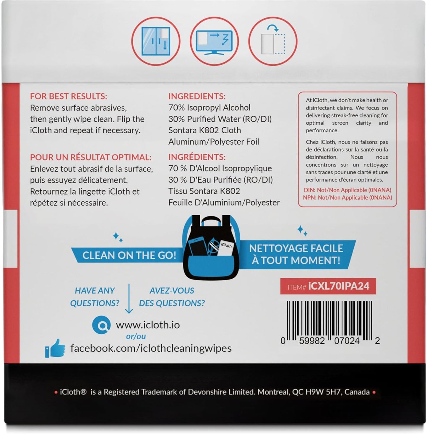 iCloth 70% Isopropyl Alcohol XL Screen and Electronics Wipes, Lint-Free, Streak-Free, Fast-Drying, Removes Dust and Fingerprints (24 Wipes)