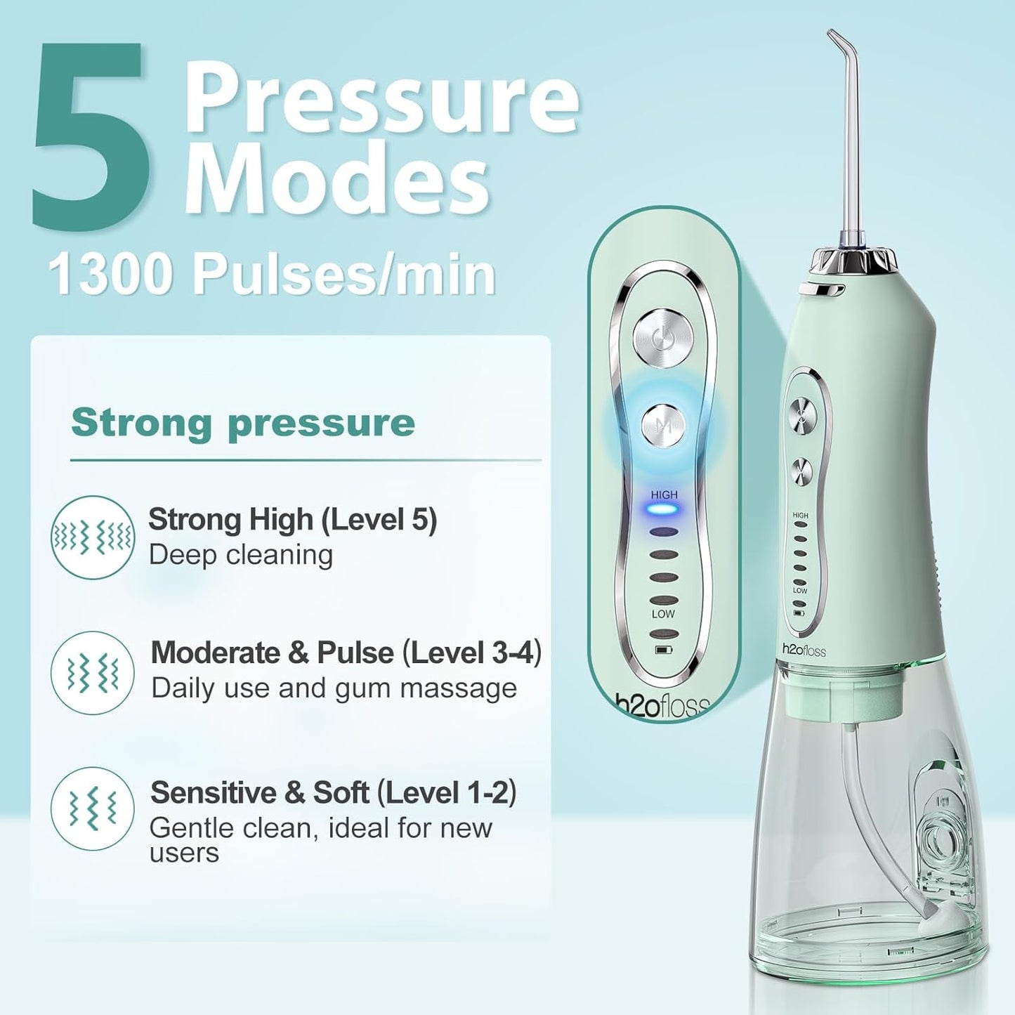 H2ofloss Water Dental Flosser Teeth Pick: Portable Cordless Oral Irrigator with 5 Modes, 300ML Rechargeable Travel Irrigation Cleaner IPX7 Waterproof Electric Flossing Machine for Teeth Cleaning Green