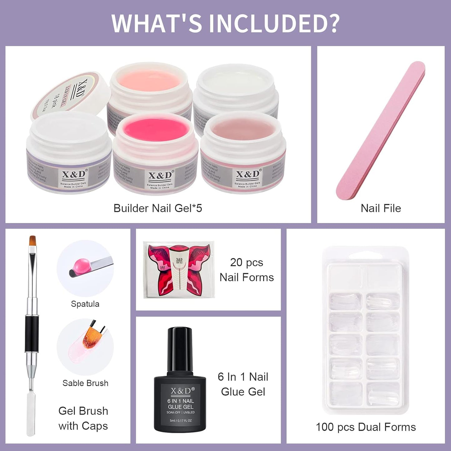 X&D Poly Gel Nail Kit 5 Colors Natural Clear Poly Nail Gel Kit Nail Extension Builder Nail Gel with Nail Glue Gel,Dual Forms, Nail Forms, Brush, File Set
