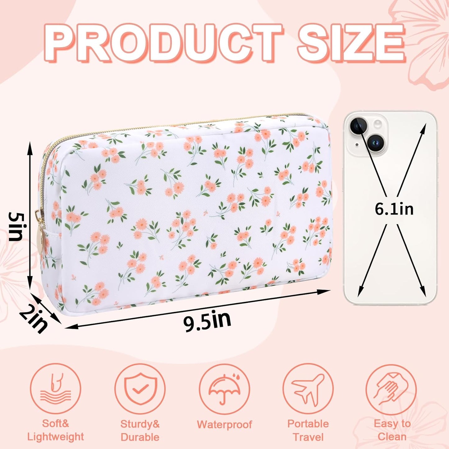 Waterproof Small Floral Makeup Bag Pouch for Purse,Nylon Flower Cosmetic Bag Preppy Travel Toiletry Storage Bag for Women Girl,Cute Makeup Organizer Bag Skincare Bag with Zipper(Small White-Flowers)