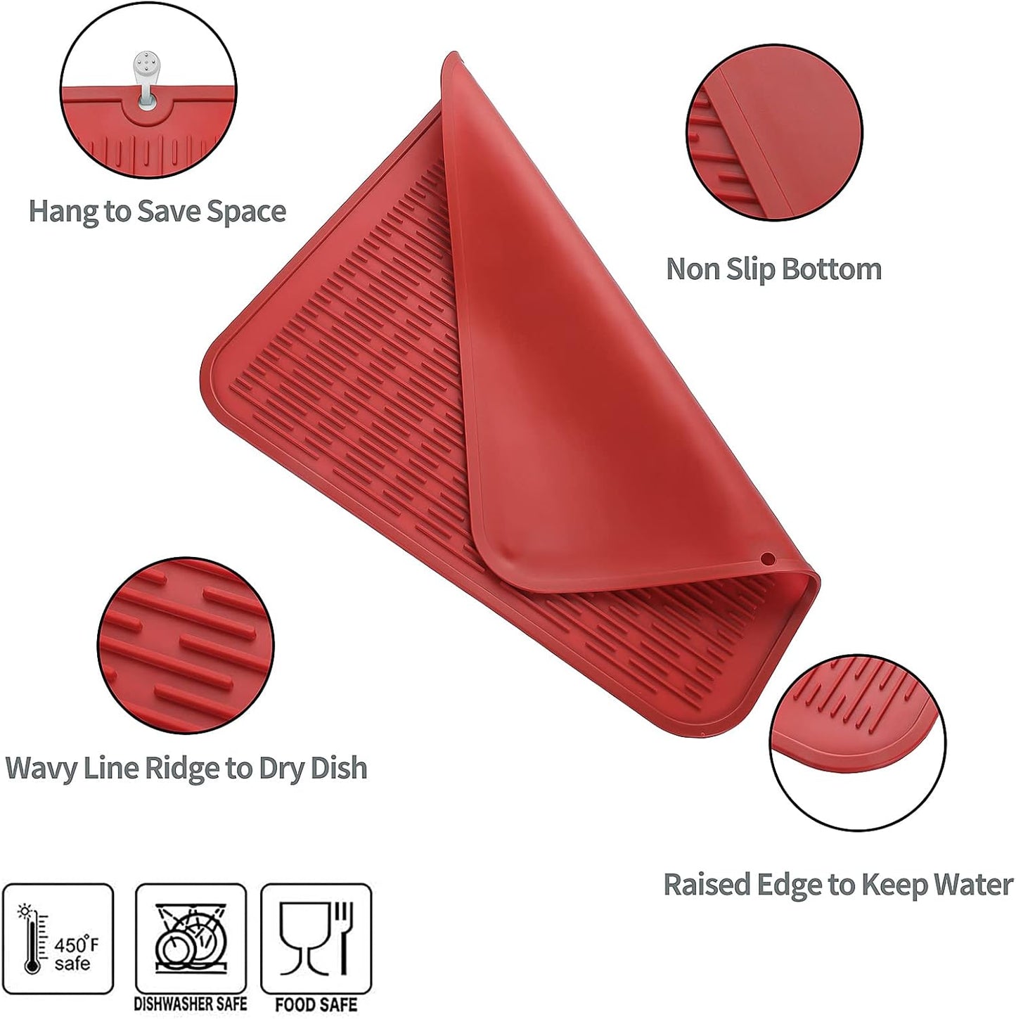 Silicone Dish Drying Mat for Multiple Usage,Easy clean,Eco-friendly,Heat-resistant Silicone Mat for Kitchen Counter or Sink,Refrigerator or Drawer Liner Red XL 18 inches x 16 inches