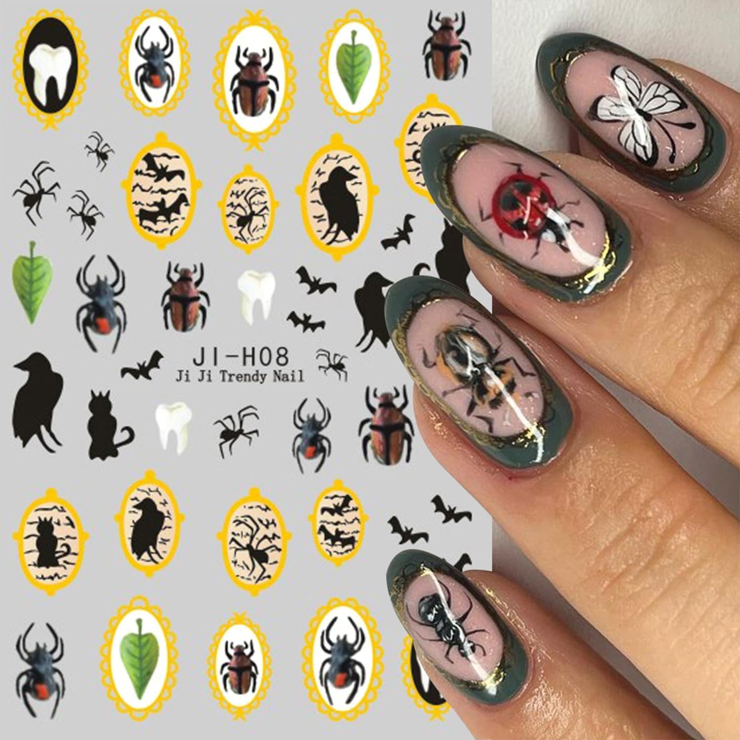 Retro Halloween Nail Art Stickers Decals Pumpkin Spider Nails Sticker 5D Embossed Spider Ghost Nails Decal Self-Adhesive Halloween Nail Decor for Women (4 Sheets)