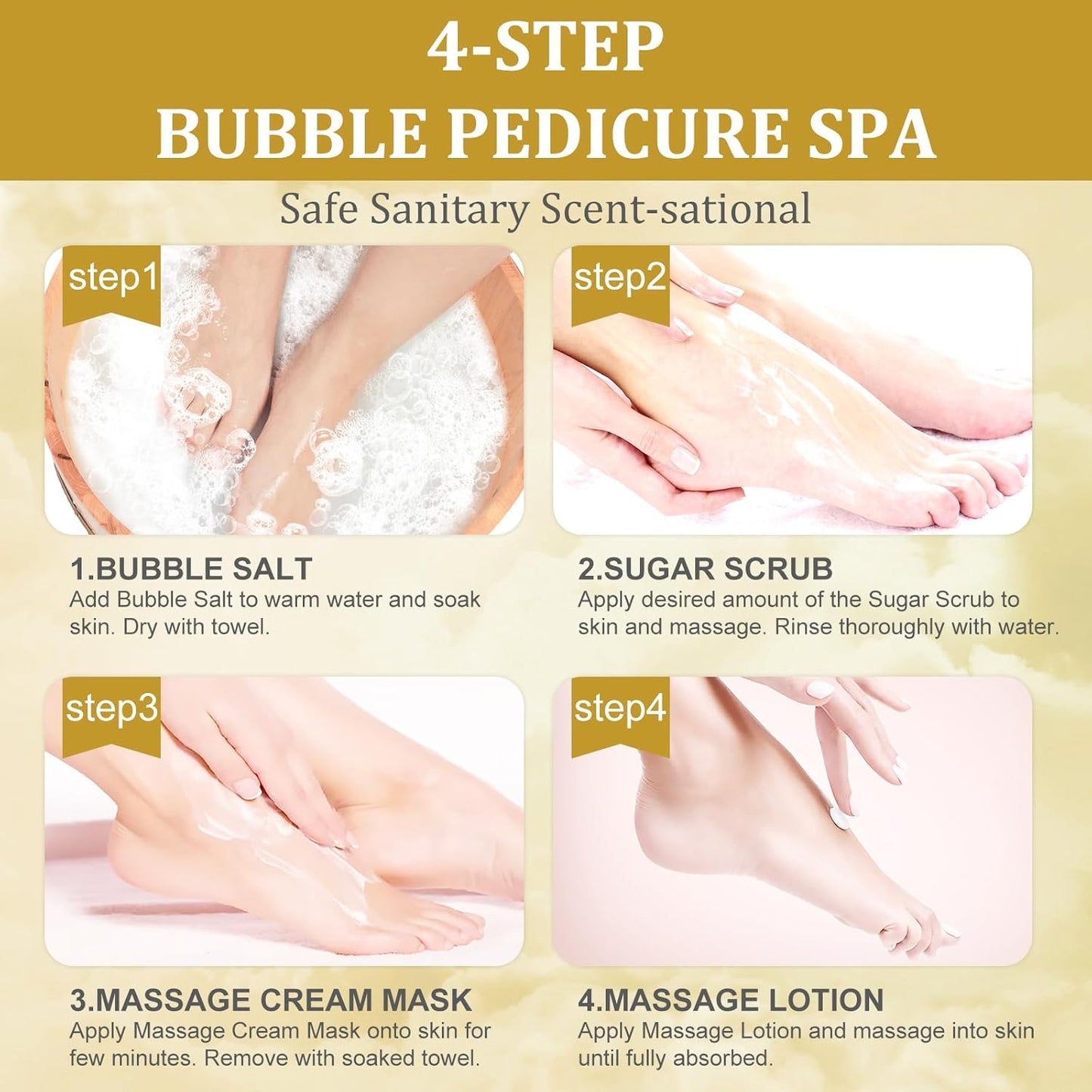 Pedicure Kit Foot Soak Set: Bubble Salt, Sugar Scrub, Massage Mask, Massage Lotion in a Box, 4 Step Foot Spa Kit for Dry Feet, Tired Feet（3 Set Honey flower)