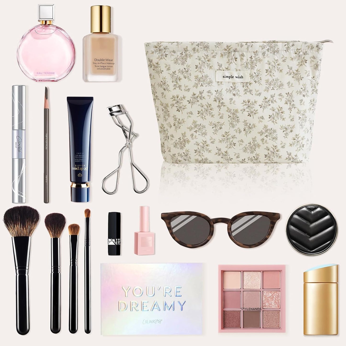 Wudygirl Cute Makeup Bag for Women - Travel Cosmetic Bag with Zipper Makeup Pouch Floral Make up Organizer Handbag Aesthetic (Khaki Floral)