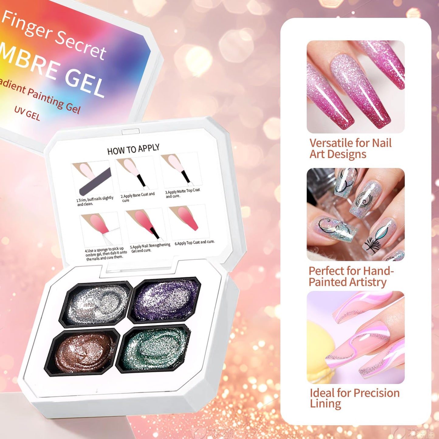Finger Secret 4 Colors Set Ombre Pat Gel Glitter Nail Polish Shine,Patting Ombre Pigment Palette for Nail with 20Pcs Nail Sponges for Gradient Gel Painting Nail Art Ombre Pat Gel Nail Polish