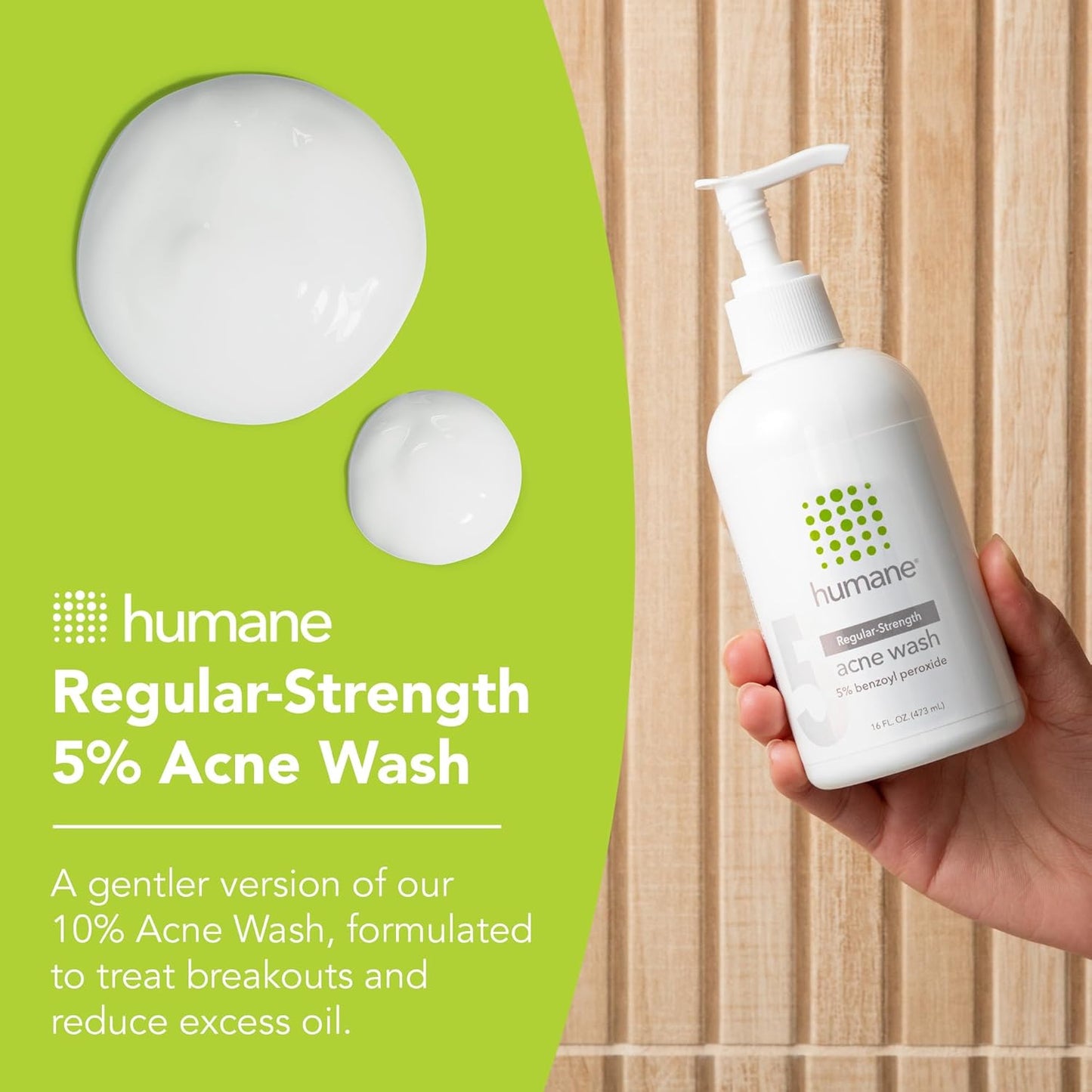 humane Benzoyl Peroxide Acne Face Wash - 5% Regular-Strength Acne Treatment for Face, Skin, Back and Body - 8 Fl Oz - Dermatologist-Tested Non-Foaming Cleanser - Vegan, Cruelty-Free