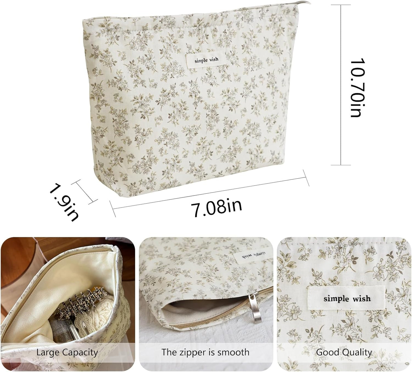 Wudygirl Cute Makeup Bag for Women - Travel Cosmetic Bag with Zipper Makeup Pouch Floral Make up Organizer Handbag Aesthetic (Khaki Floral)