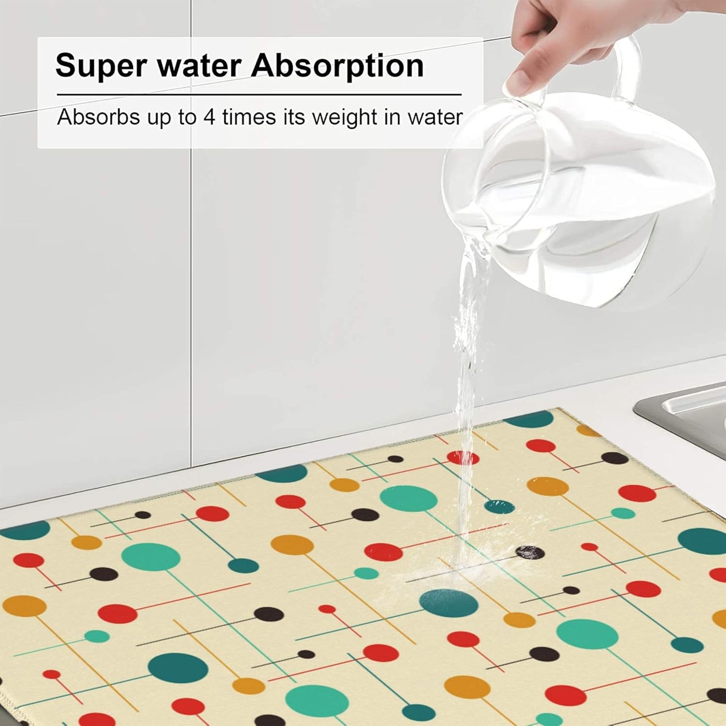 Mid Century Modern Atomic Retro Dish Drying Mat for Kitchen Counter Washable Drying Mat Absorbent Reversible Microfiber Yellow Drying Pad Kitchen Accessories 16"x18"