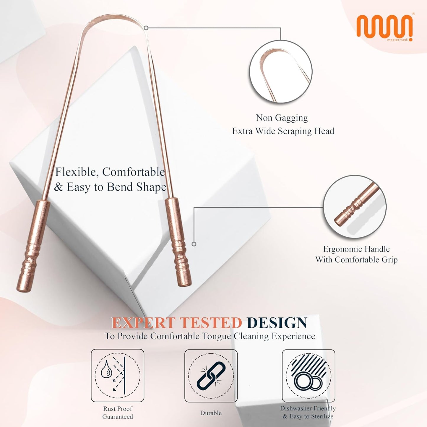 MasterMedi Tongue Scraper for Adults, 100% Stainless Steel & Copper Tongue Scrubber for Bad Breath, Easy to Use, Tongue Cleaner for Oral Care & Hygiene (Combo-2)