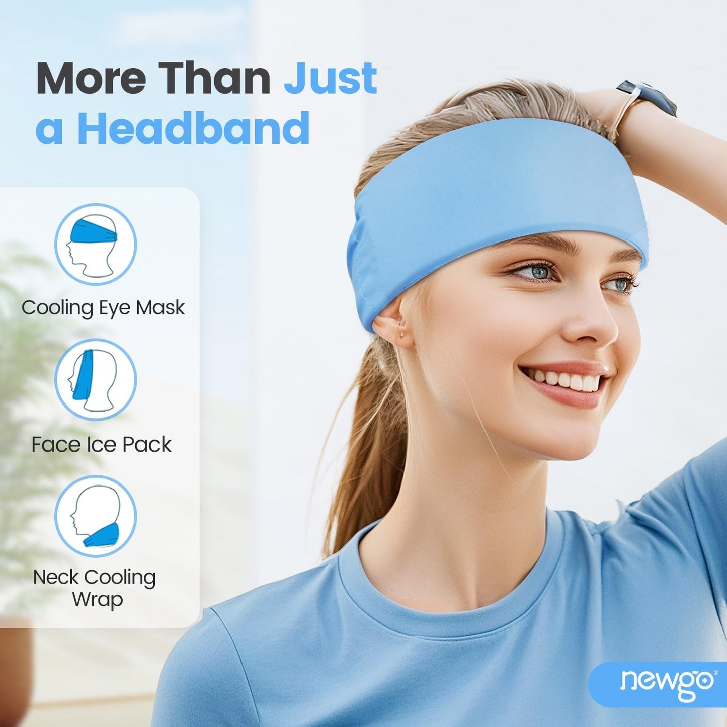 NEWGO Migraine Relief Cooling Headband with Washable Cover, Stylish Cold Head Wrap Forehead Ice Pack for Headaches, Hot Weather, Tension, Hangover