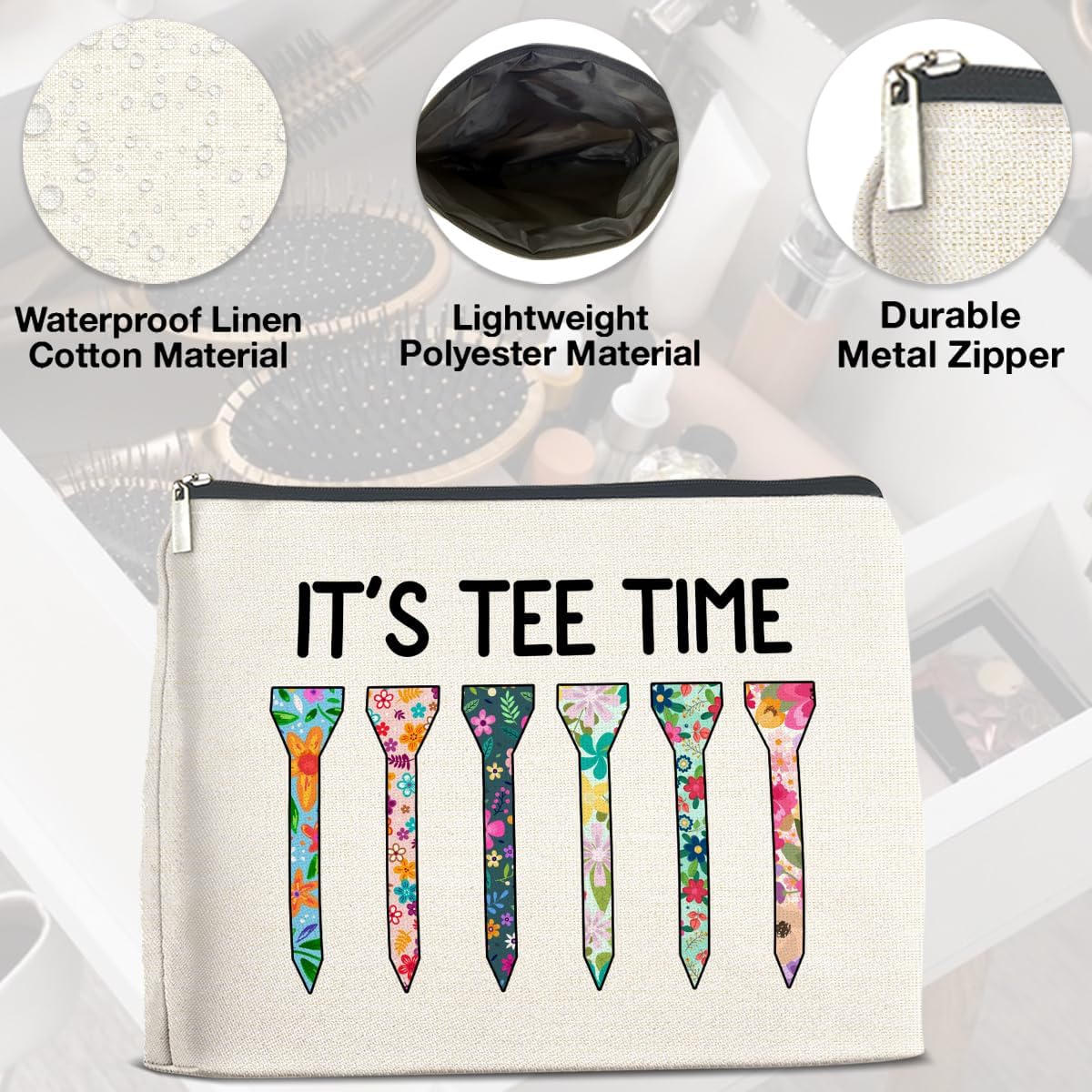 Golf Makeup Bag Gifts for Women Golfer Golf Lovers It's Tee Time Floral Cosmetic Bag Zipper Pouch