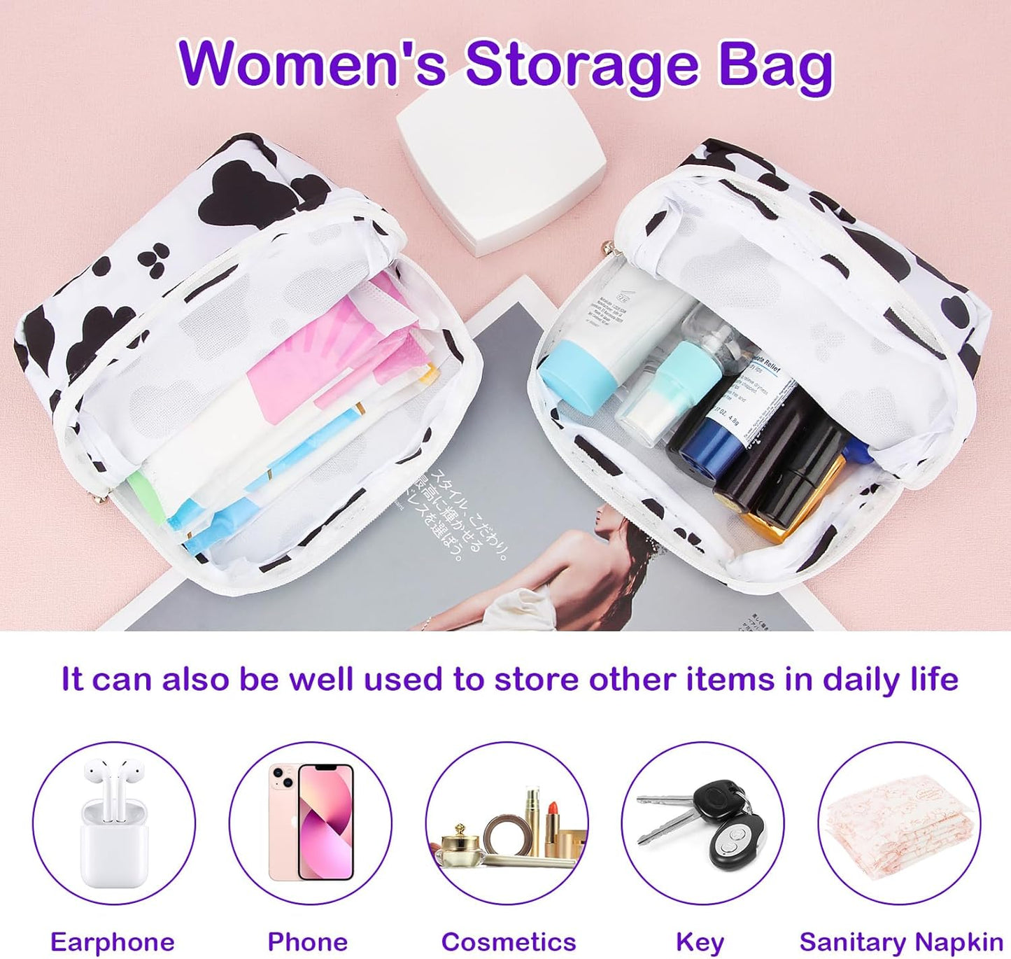 Desing Wish Sanitary Pad Storage Bag Portable Period Bag for Teen Pads/Sanitary Napkins/Small Tampons, Sanitary Napkin Storage Bag First Period Gifts for Teen Girls (Cow)