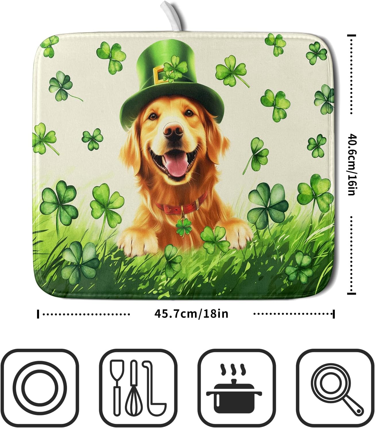St Patrick's Day Dog Dish Drying Mat 16x18 inch Green Shamrock Dishes Pad Absorbent Microfiber Dish Drainer Mat for Kitchen Counter Coffee