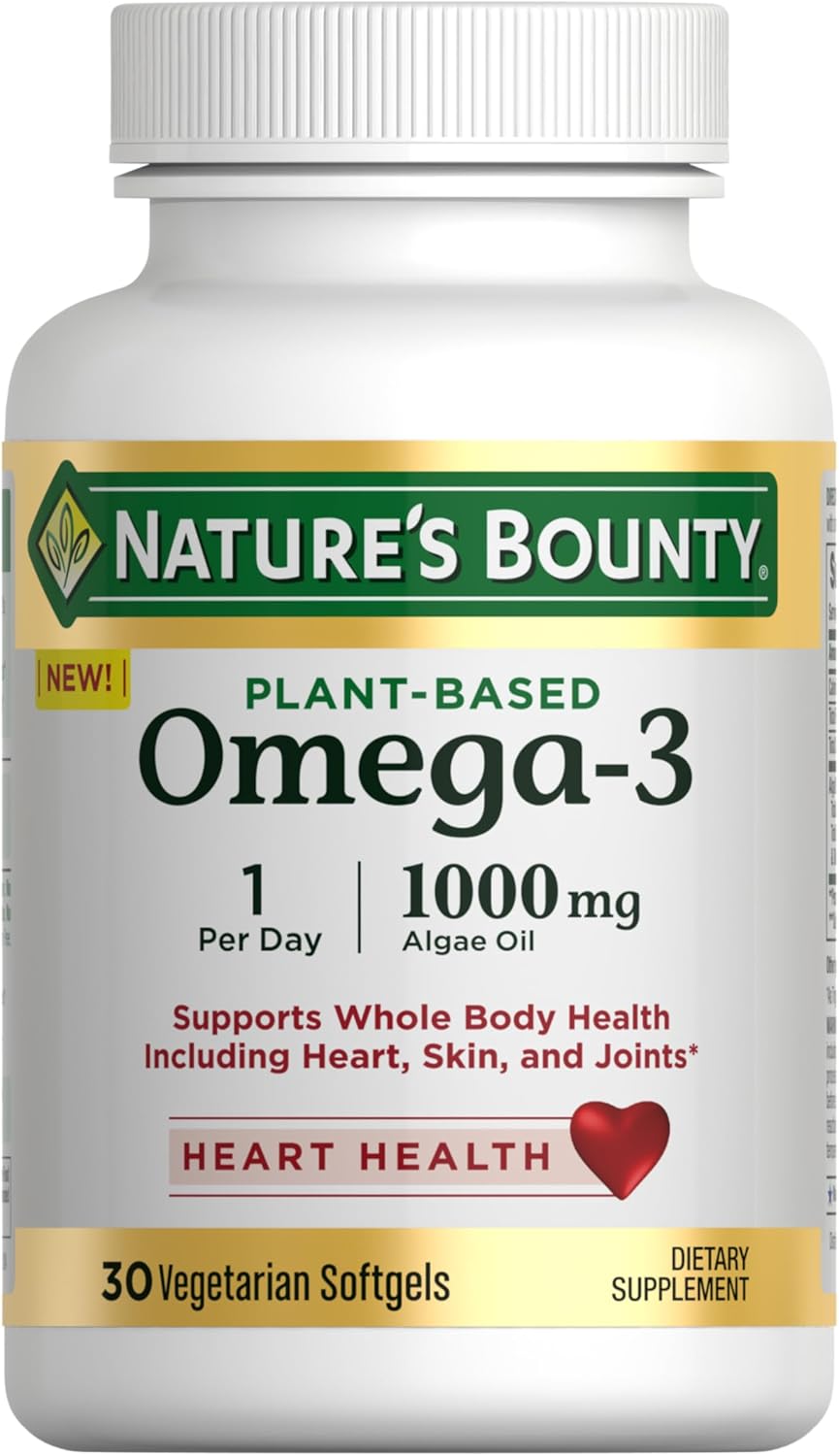 Nature's Bounty Omega 3, Plant-Based Omega 3 Fatty Acid Suppement, 1000mg, Supports Whole Body Health Including Heart, Skin, Joint, 30 Vegetarian Softgels, Fish Oil Alternative