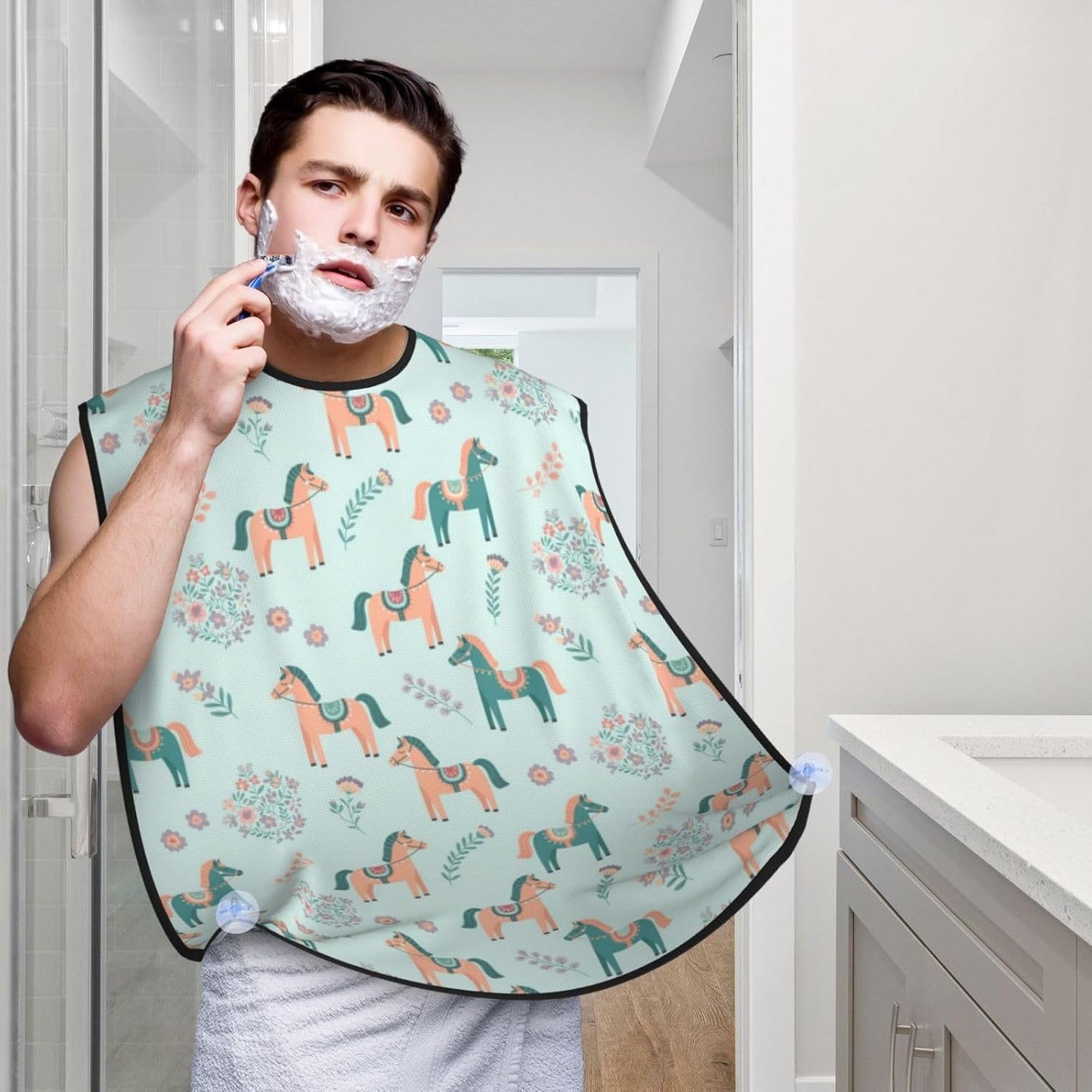 Beard Trimming Hair Catcher, Flowers Floral Horse Couple Art Shave Bib, Non-Stick Bib Apron Waterproof, Shaving Tool for Men for Husband Father’s Day