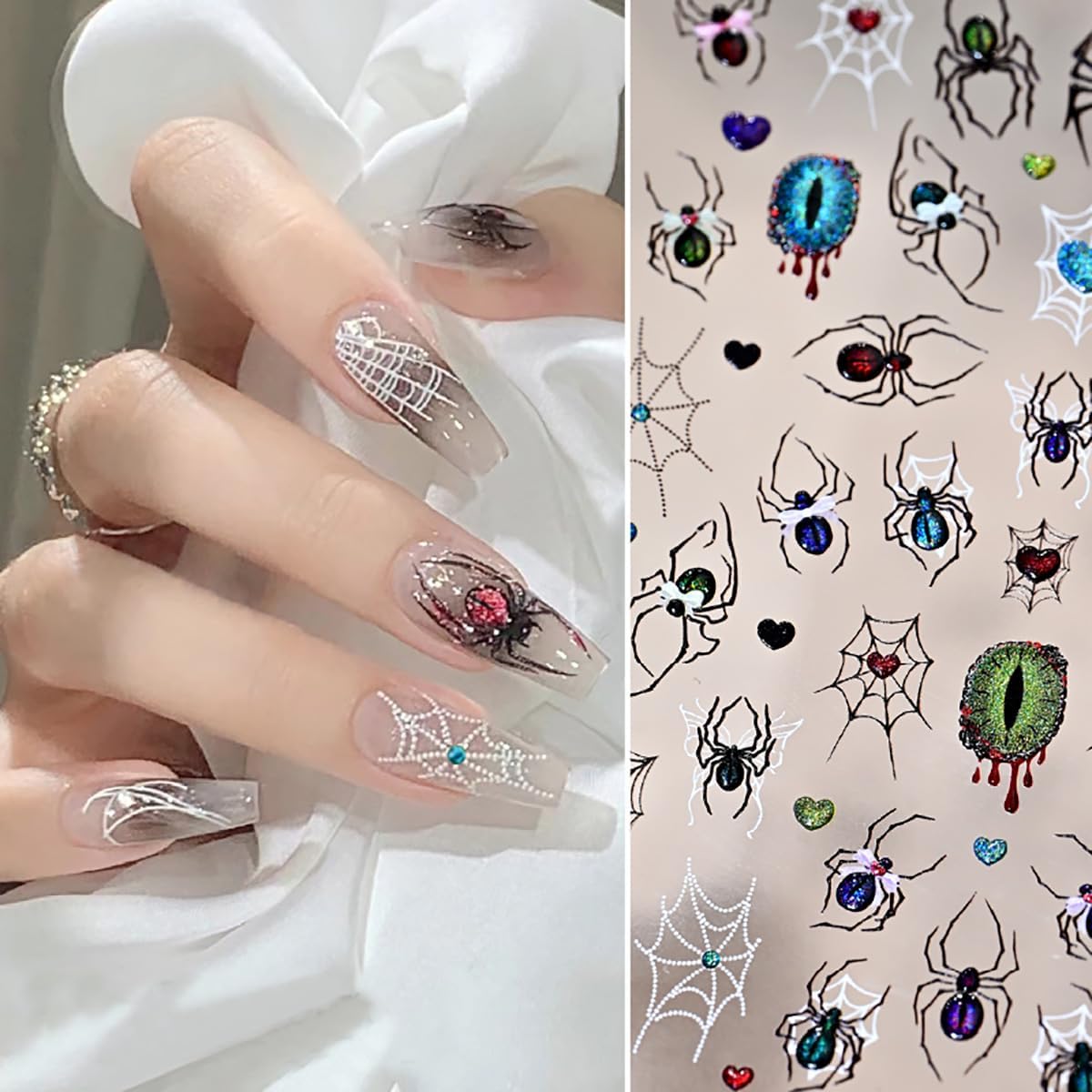 Halloween Nail Stickers 3D Self-Adhesive Goth Nail Art Stickers Black Spider Web Spider Heart Glitter Design Halloween Acrylic Nail Art Decoration Cute Horror Nail Decals for Women Acrylic Nails DIY