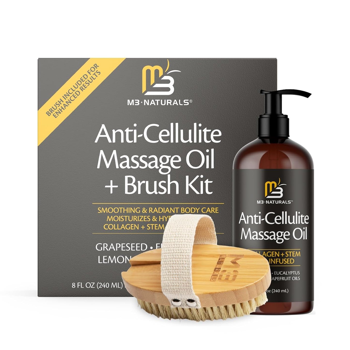 Anti Cellulite Massage Oil and Firm Dry Brush Kit | Collagen & Stem Cell Skin Tightening Kit | Radiant Body Care Kit for Women by M3 Naturals