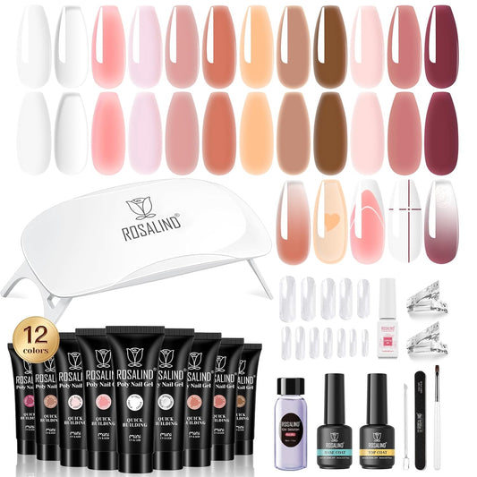 ROSALIND Poly Nail Gel Kit -12 Colors + Nail Art Accessories kit Clear Nude Poly Nails Gel Kit Starter Kit With Slip Solution Pro Nude Pink Nail Extensions Gel Set with Mini UV Lamp