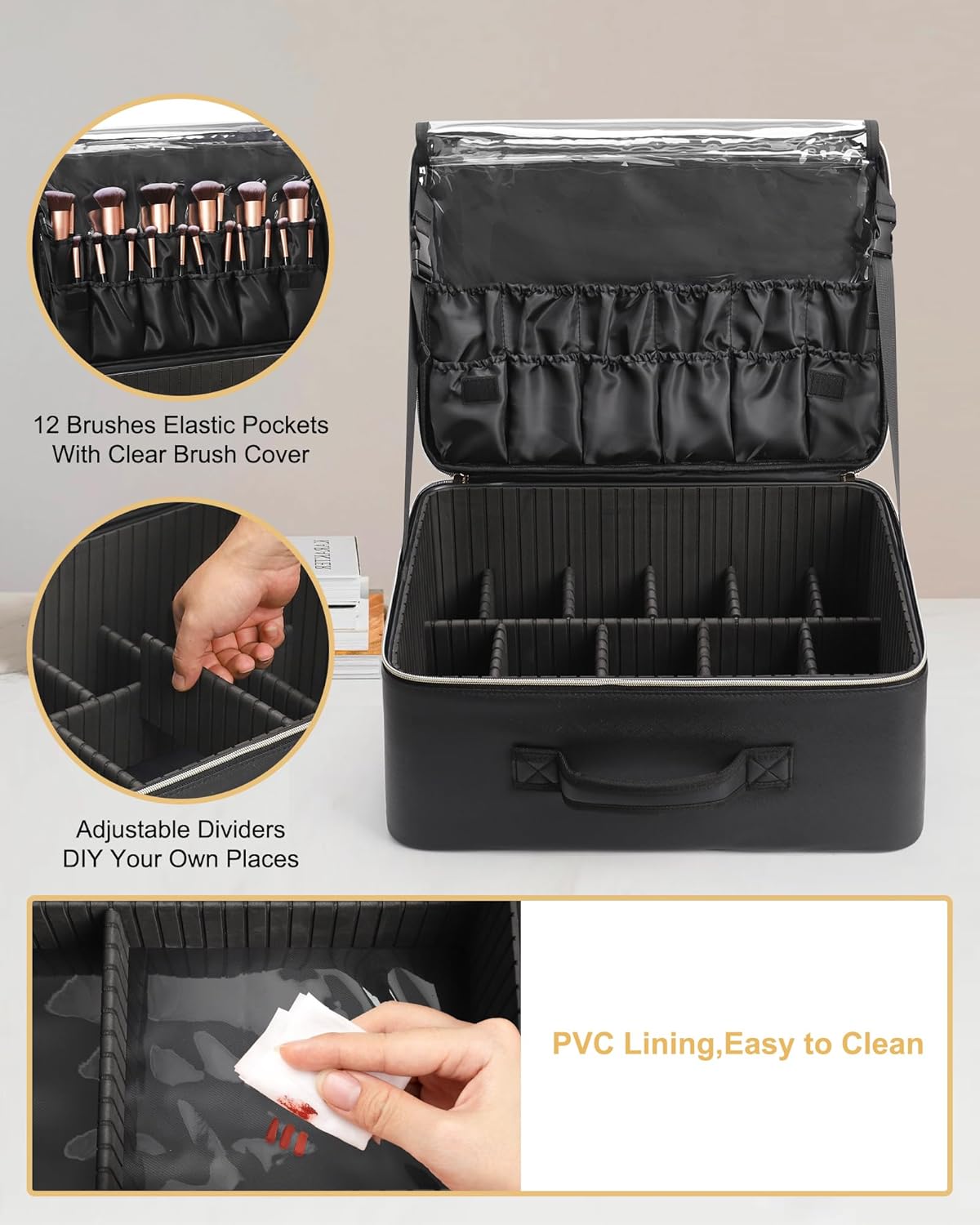 Relavel Extra Large Makeup Case Professional Cosmetic Storage Organizer Box Brush Holder with 4 Clear Set Bags for Makeup Artists with Shoulder Strap & Adjustable Dividers, Leather Black