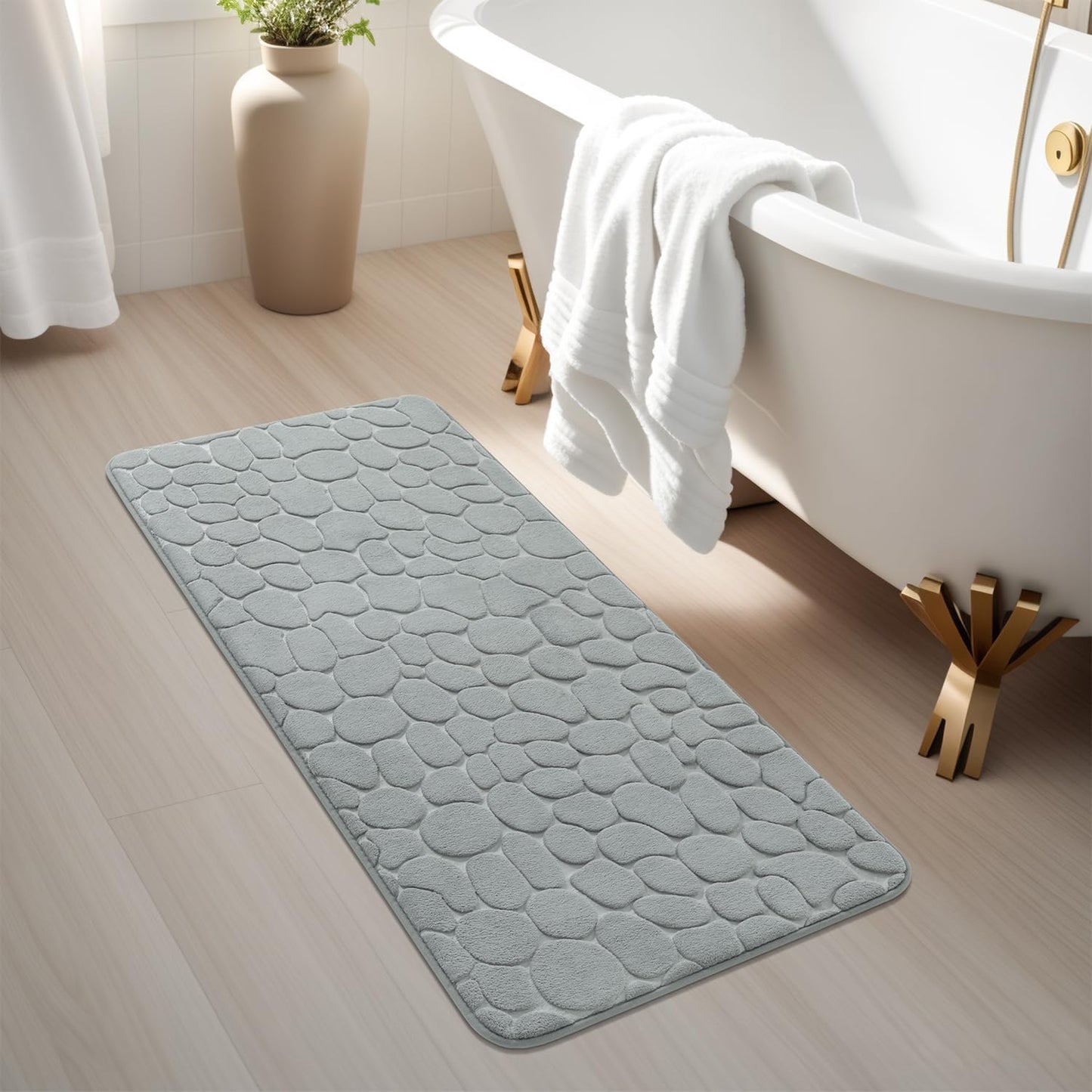 YIHOUSE Memory Foam Runner Rug, Cobblestone Bathroom Runner Rugs Super Water Absorbent Bath Mats for Bathroom Machine Washable Bath Rugs Runner for Hallway Bedroom Laundry Room(20 x 47,Light Gray)