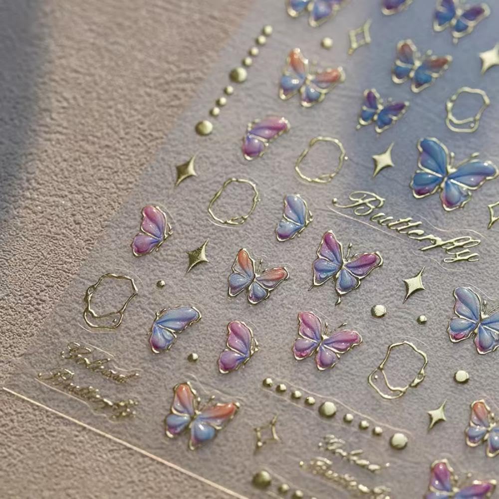 5D Embossed Butterfly Nail Stickers for Nail Art Colorful Nail Art Stickers Gold Nail Decals Self Adhesive Nail Art Design Manicure Supplies Charm for Women Nail Art Decorations Accessories