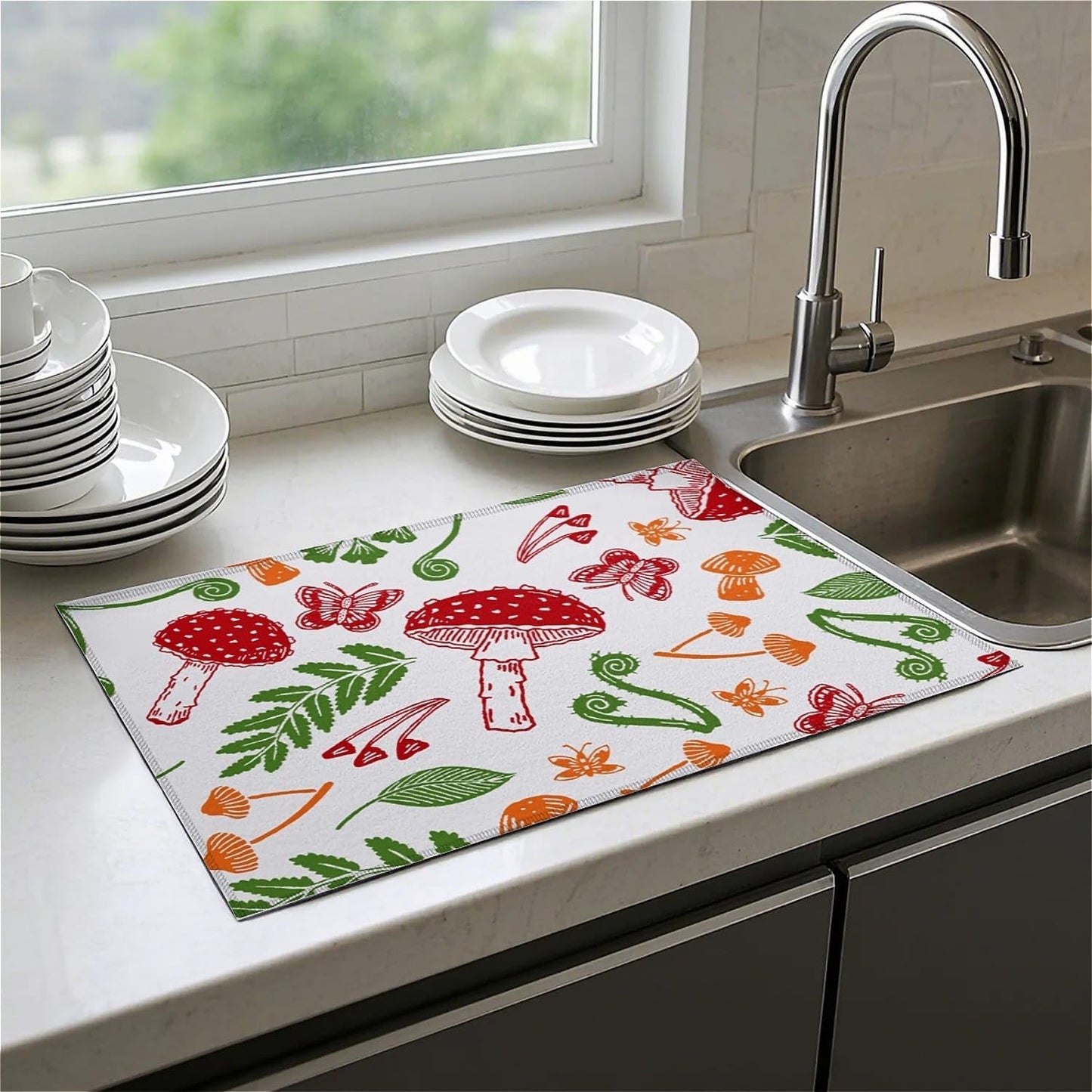 Dish Drying Mat For Kitchen Counter, Red Mushroom Microfiber Absorbent Dish Drainer Rack Pad Reusable Large 18x24in Drying Mat