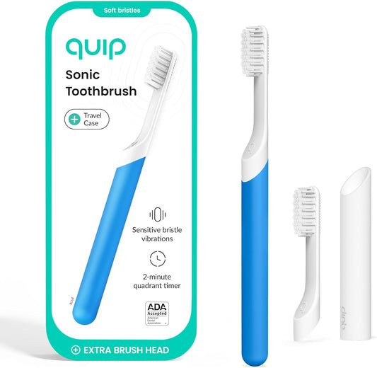 Quip Plastic Sonic Electric Toothbrush for Adults - Time Travel & Soft Bristles with Travel Case & Replacement Brush Head - 3 Month Battery Life - Blue