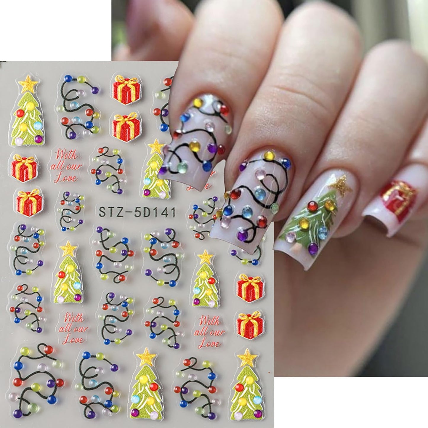 Christmas Nail Art Stickers 5D Self -Adhesive Relief Three-Dimensional Light String Nail Decals Holographic Christmas Tree Gift Nail Stickers Festival Nail Decoration for Women Manicure Supplies