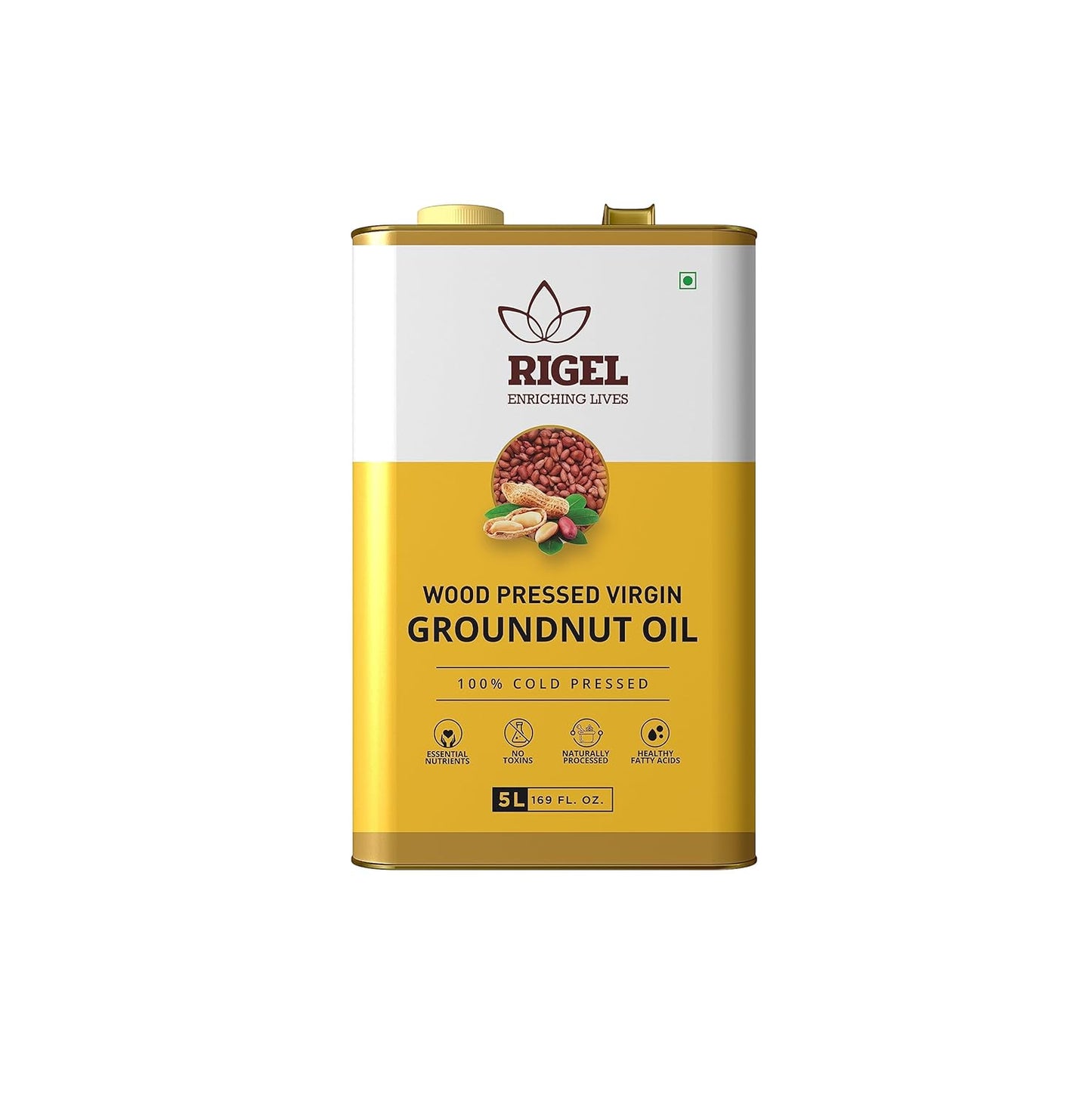 Rigel Spices | Naturally Milled Cold Pressed Peanut Oil in a Eco-Friendly Tin 169 fl oz(5L Tin) | No Preservatives