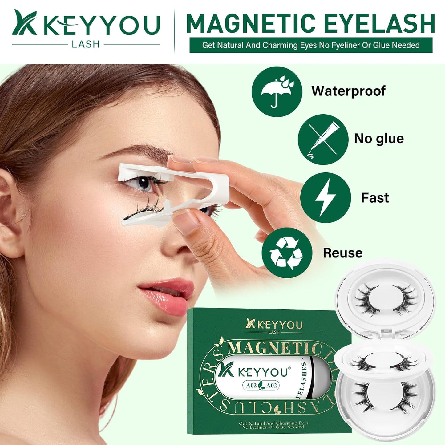 KEYYOU Reusable Magnetic Eyelashes 2 Pair with Applicator No Glue Needed 3D Natural Magnetic Lashes, Easy to Apply & Long Lasting for Daily Use & Events(A02+A02)