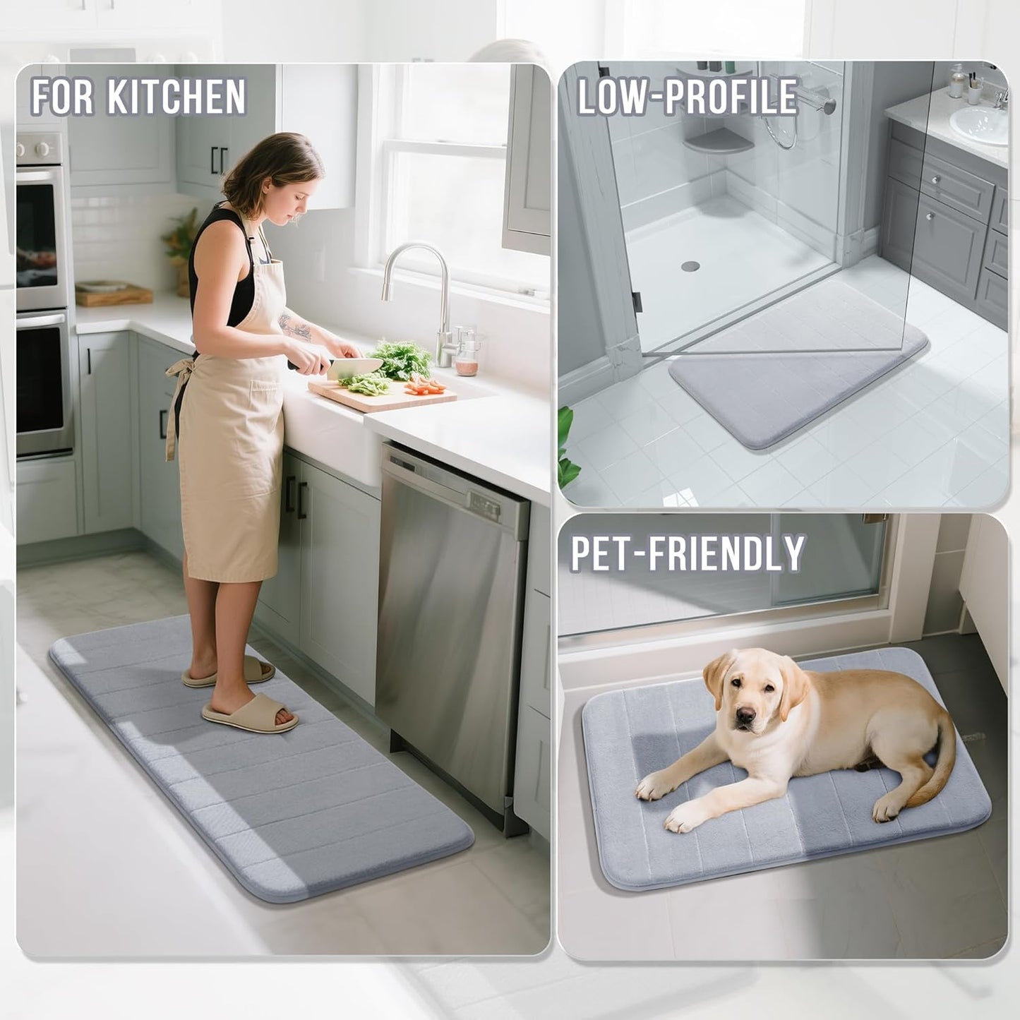 Yimobra Large Bath Mat 36"x24", Super Soft Quick Dry Memory Foam Bathroom Rug, Water Absorbent, Non Slip Backing Machine Washable for Tub Shower, Thick Comfort Support, Silver