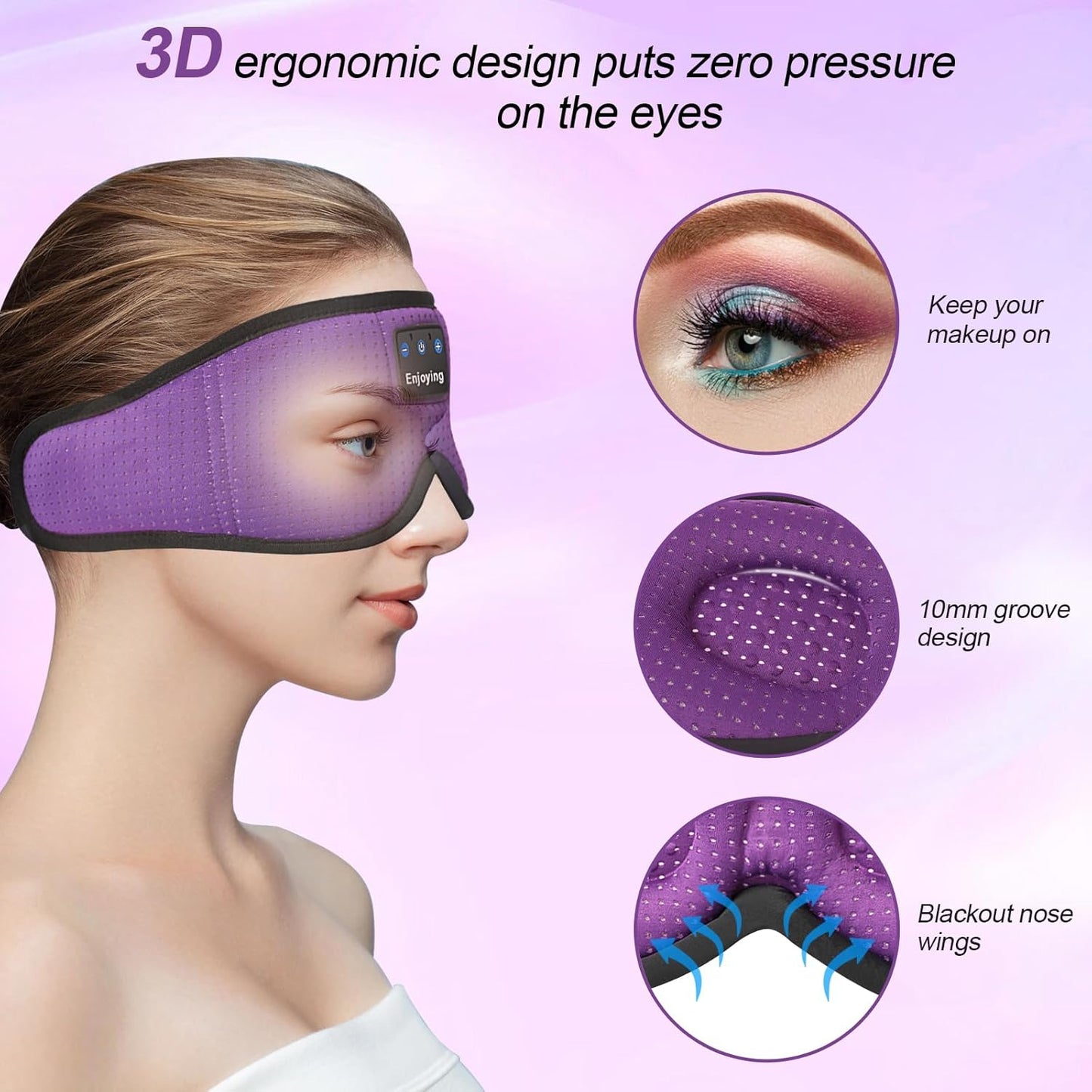 Sleep Headphones, Sleep Mask Bluetooth Wireless Music Eye Mask, Sleeping Mask for Side Sleepers Sleep Mask with 3D Bluetooth Headphones Ultra-Thin Stereo Speakers Perfect for Sleeping (Purple)