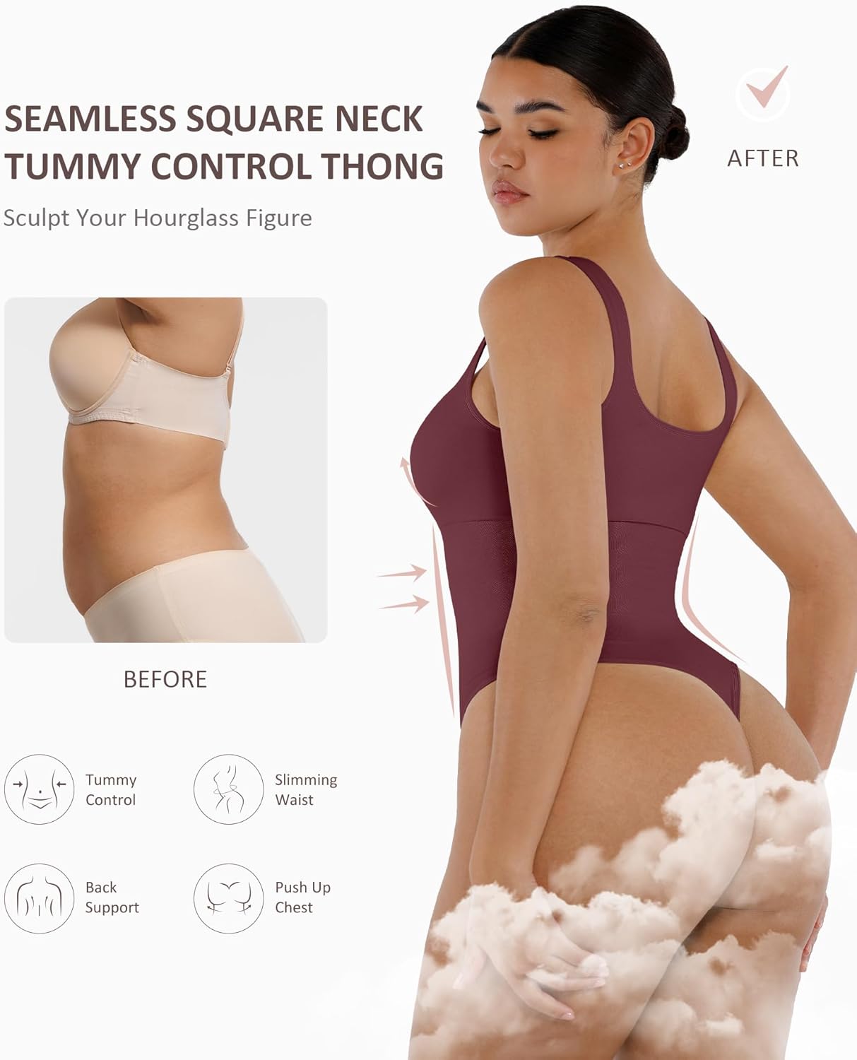 FeelinGirl Bodysuits for Women Seamless Square Neck Tummy Control Compression Thong Shapewear Bodysuit Tank Tops Bodysuit