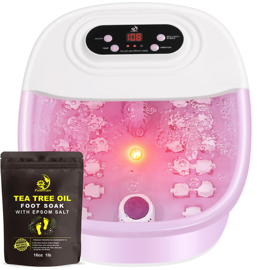 Foot Spa Bath Massager with Heat Bubbles and Vibration Massage and Jets, 16 OZ Tea Tree Oil Foot Soak Epsom Salt, Foot Soaker with Red Light, 22 Massage Rollers, Adjustable Temp - Pink