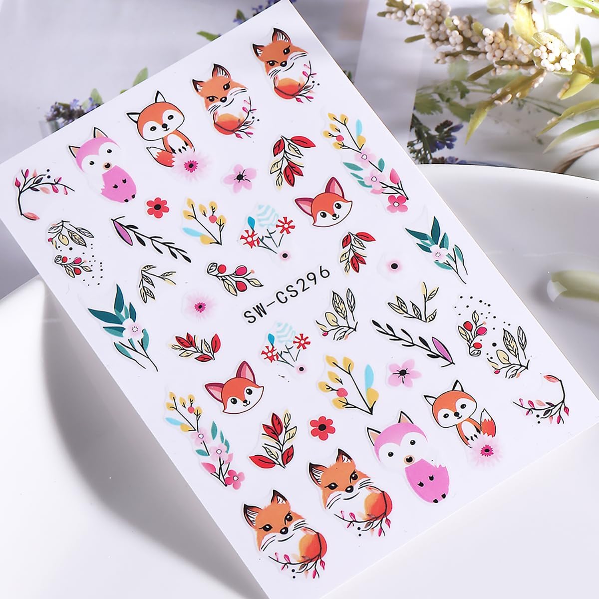 Fall Nail Art Stickers, Cute Fox Nail Art Decals 3D Self-Adhesive Cotton Fox Nails Stickers Autumn Blossom Flowers Nail Design 6Pcs Nail Art Supplies for Women Nail Decoration