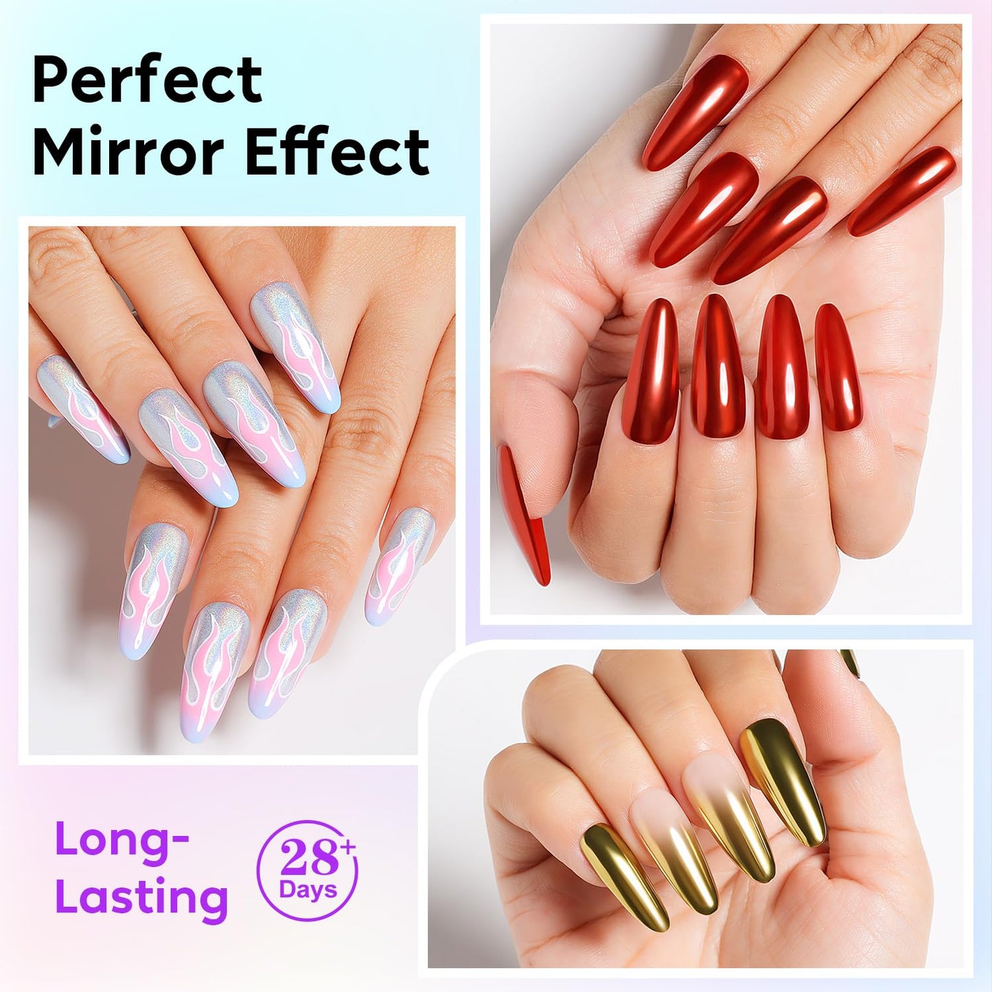 AIMEILI Chrome Nail Powder, Vegan, Cruelty Free, 6 Colors Mirror Effect Holographic Chameleon Manicure Nail Art Decoration Glitter for Nail Art Women Gift