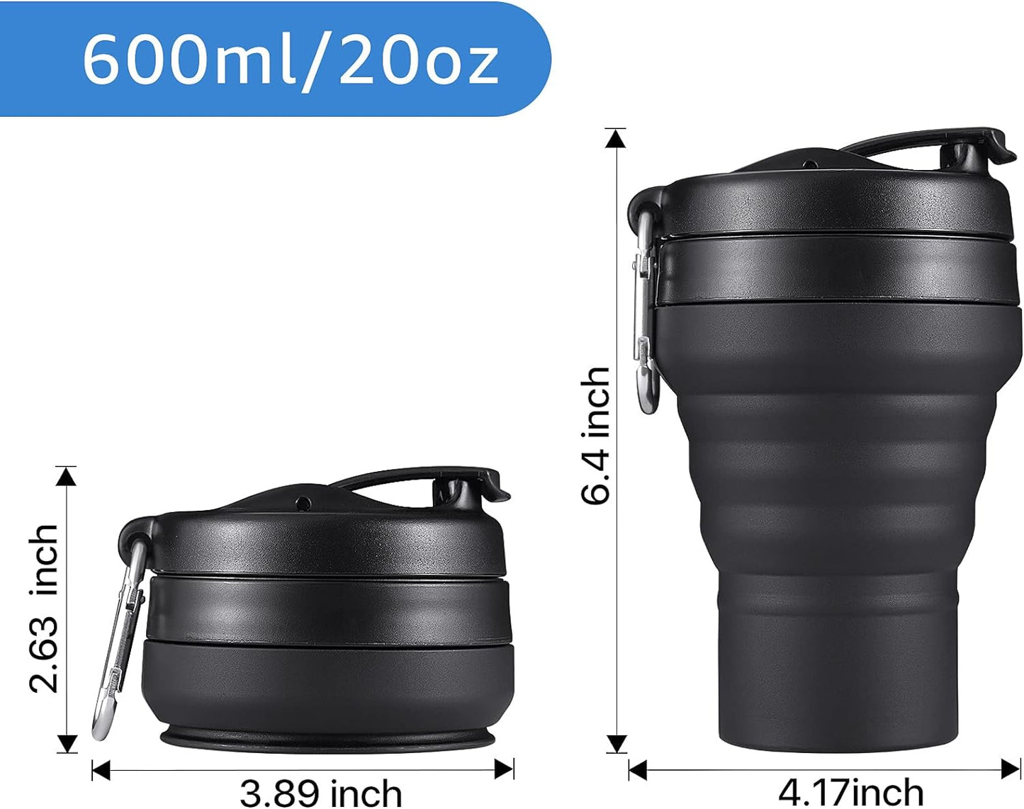 2PACK Collapsible Coffee Cup, 20 OZ 600ml Silicone Folding Camping Mug, Leak Proof BPA Free Portable Sport Bottle with Lids for hiking, Microwave & Dishwasher Safe (Black)