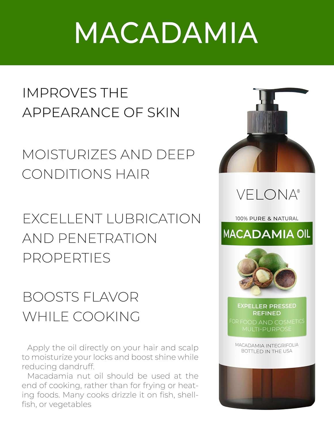 velona Macadamia Nut Oil 32 Fl Oz | 100% Pure and Natural Carrier Oil | Refined, Cold pressed | Cooking, Skin, Hair, Body & Face Moisturizing | Use Today - Enjoy Results