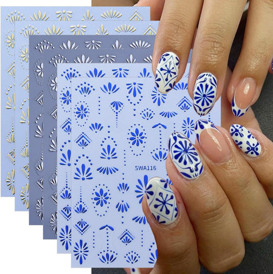 6 Sheets Bohemia Nail Stickers for Nail Art 3D Self Adhesive Gold Silver Blue Flower Nail Decals Flowers French Tip Nail Sticker Retro Bohemian Design Stickers for Women DIY Manicure Supplies