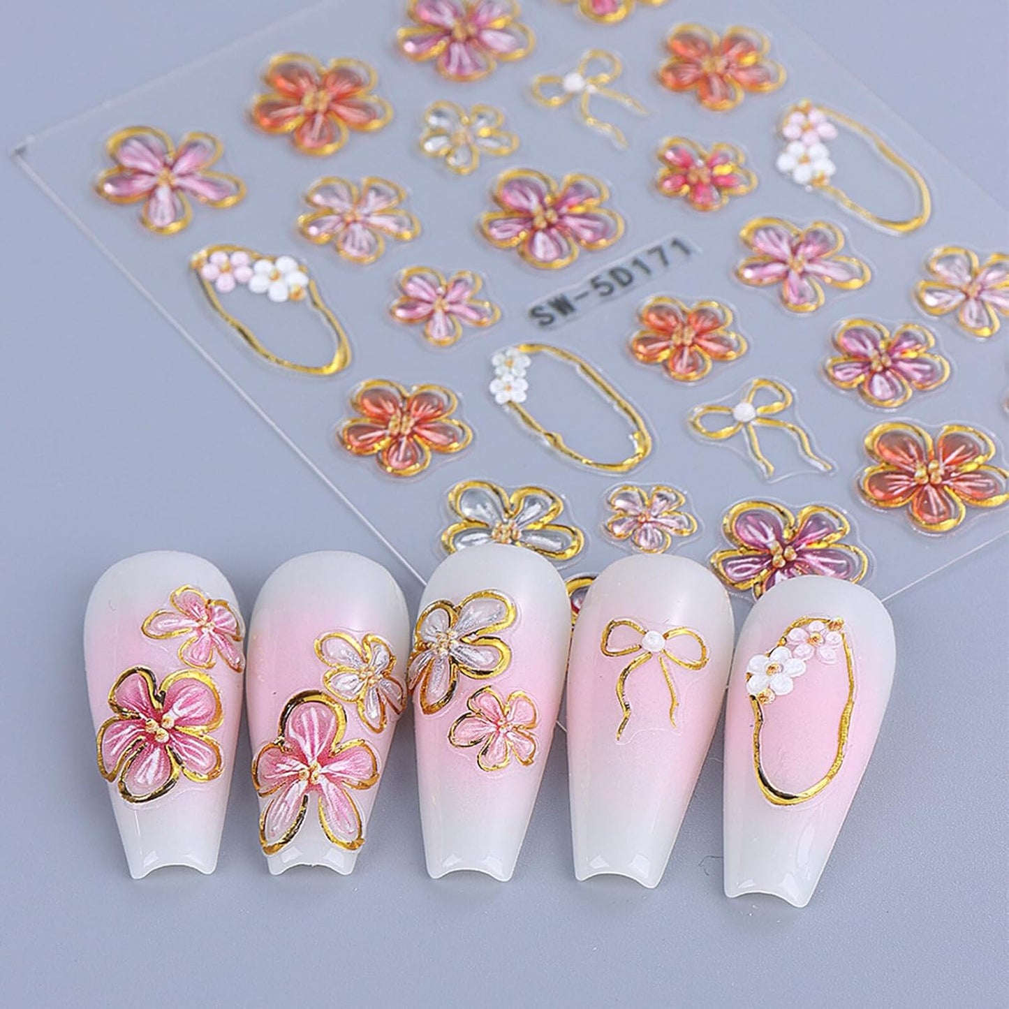 Flower Nail Stickers Decals 5D Embossed Flower Nail Decals Pink Five-Petaled Gold Floral Circle Spring Summer Nail Art Design Bow Tie Flowers Nail Adhesive Decals for DIY Nail Art Decorations 2Pcs