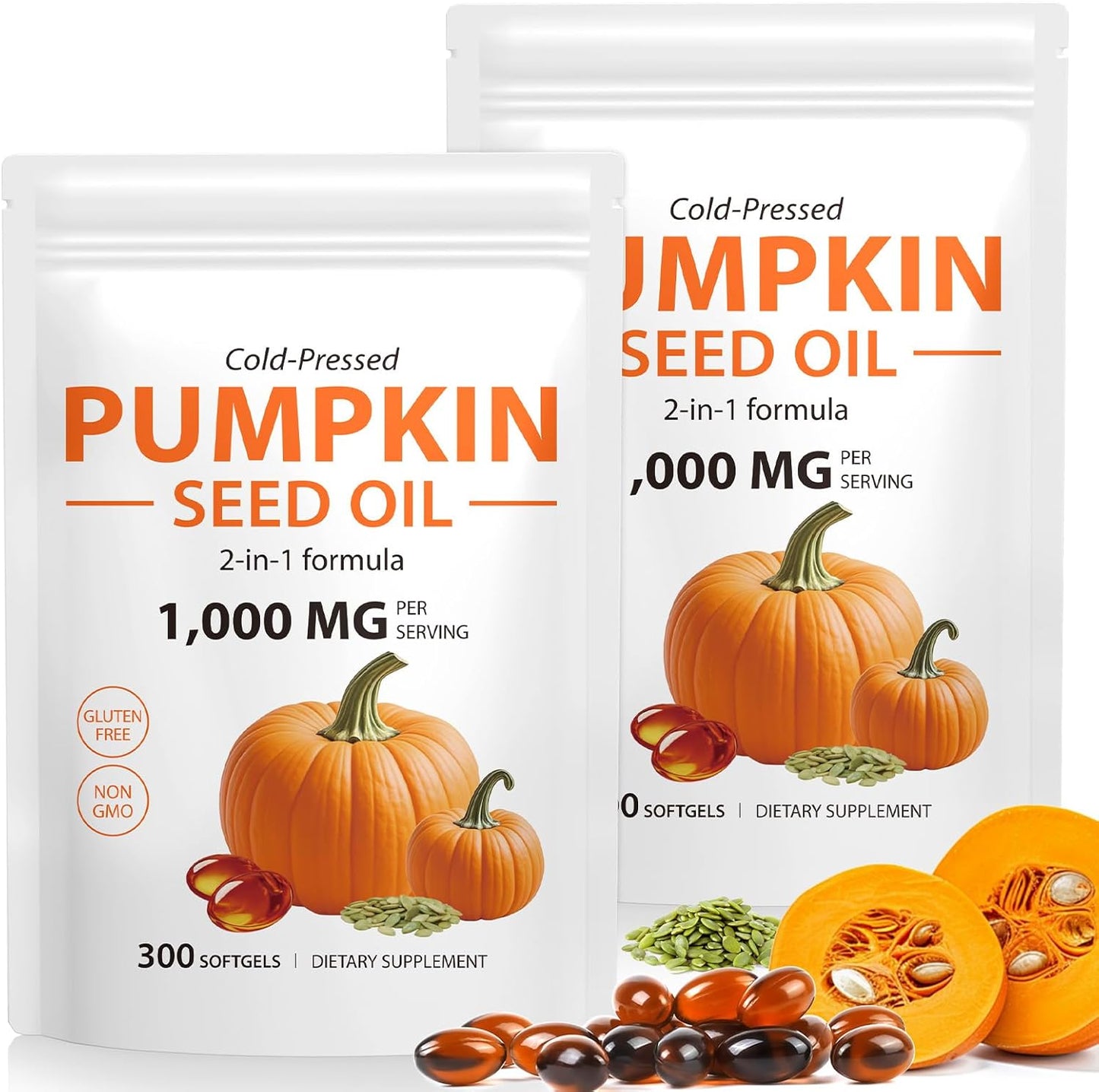 Pumpkin Seed Oil Capsules, 1000mg Per Serving, Cold-Pressed Extract, Essential Fatty Acids & Phytosterols, Non-GMO, Supports Hair Growth & Bladder & Prostate Health, 600 Softgels