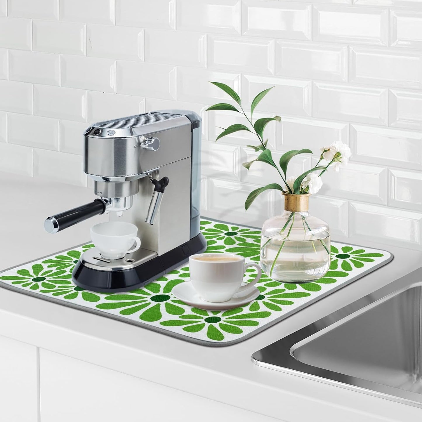 SHIYUE Dish Drying Mat for Kitchen Counter Super Absorbent Spring Kitchen Decor Microfiber Drying Matainers Rack Fast Pad Dish Drainer Mats(Cute Green Flower,16''x18'')